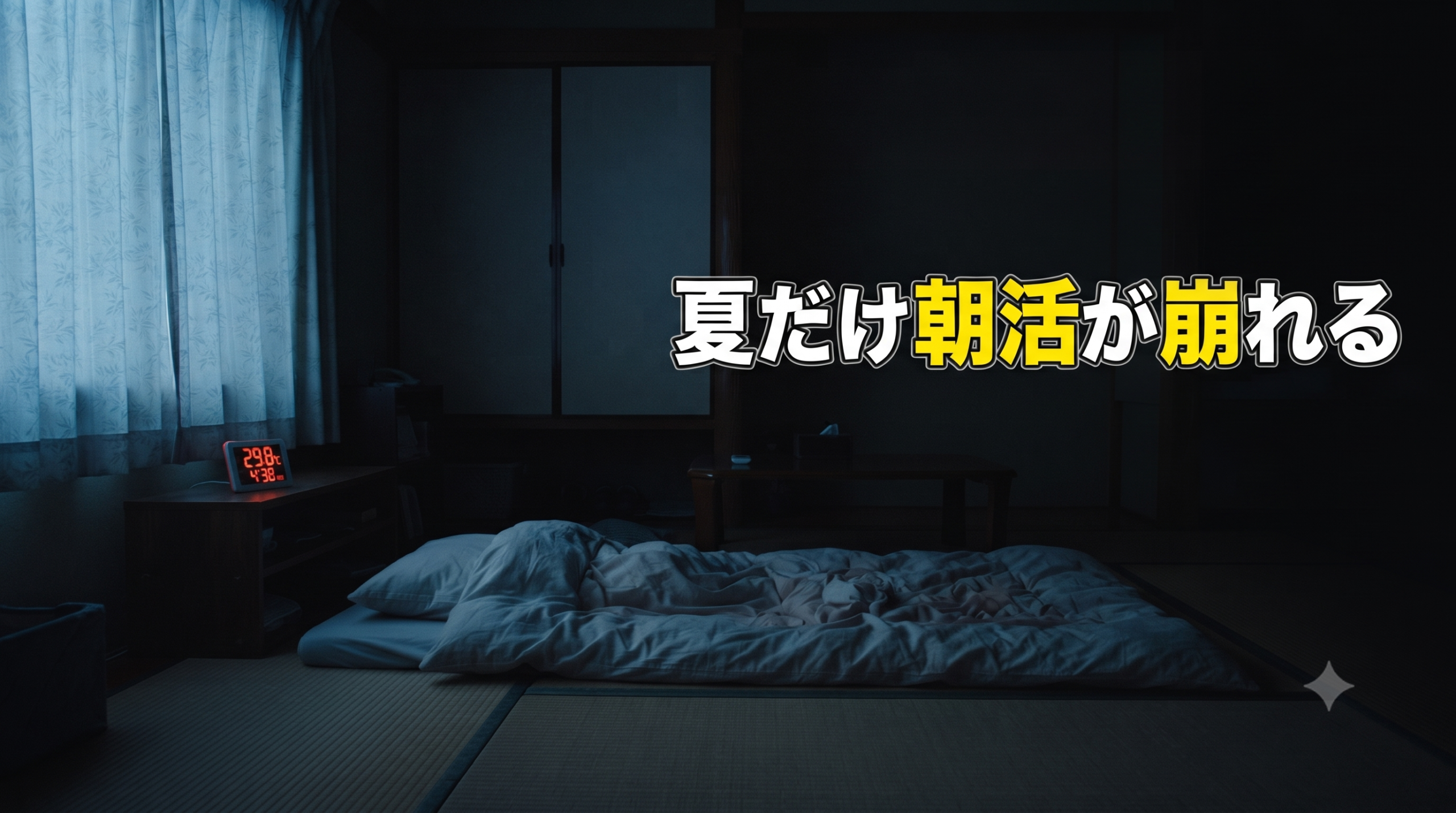 夏の明け方の薄暗い寝室。枕元の温湿度計だけが光っている