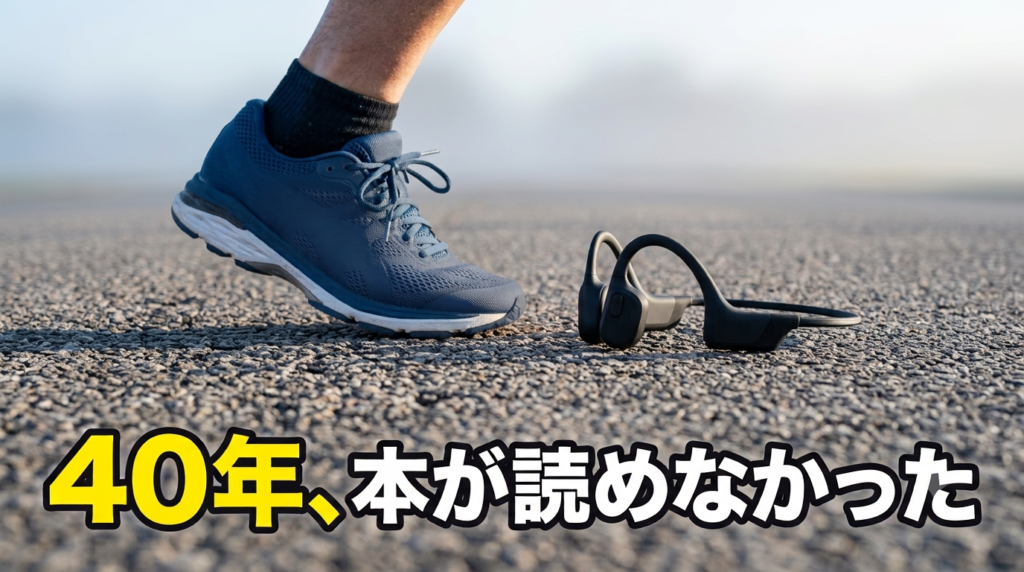 早朝の路面を走るランニングシューズの足元と、そばに置かれた耳を塞がないタイプのワイヤレスイヤホン